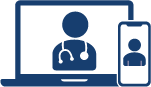 Icon of a computer with a healthcare team member image on the screen and a mobile device with an image of a person’s head and shoulders on the screen.