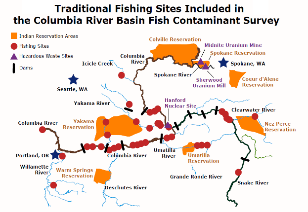 This figure from Facing Cancer in Indian Country shows the presence of hazardous waste sites in Indian reservations and in fishing sites.