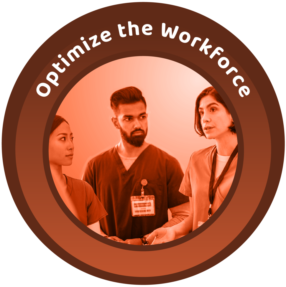 Icon featuring health professionals and the text Optimize the Workforce