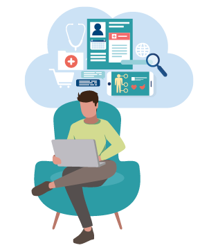 Illustration of a person using a laptop with a thought bubble above their head