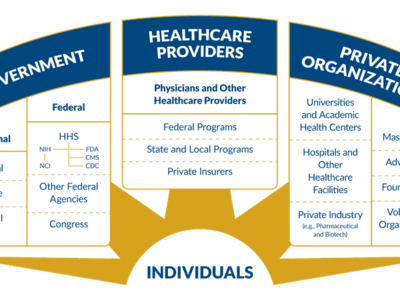 A graphic demonstrating the different organizations and stakeholders that contribute to the National Cancer Program.