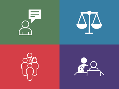 Four icons: Person with conversation bubble, Scale at equilibrium, a healthcare team member talking to a patient, and members of a healthcare team